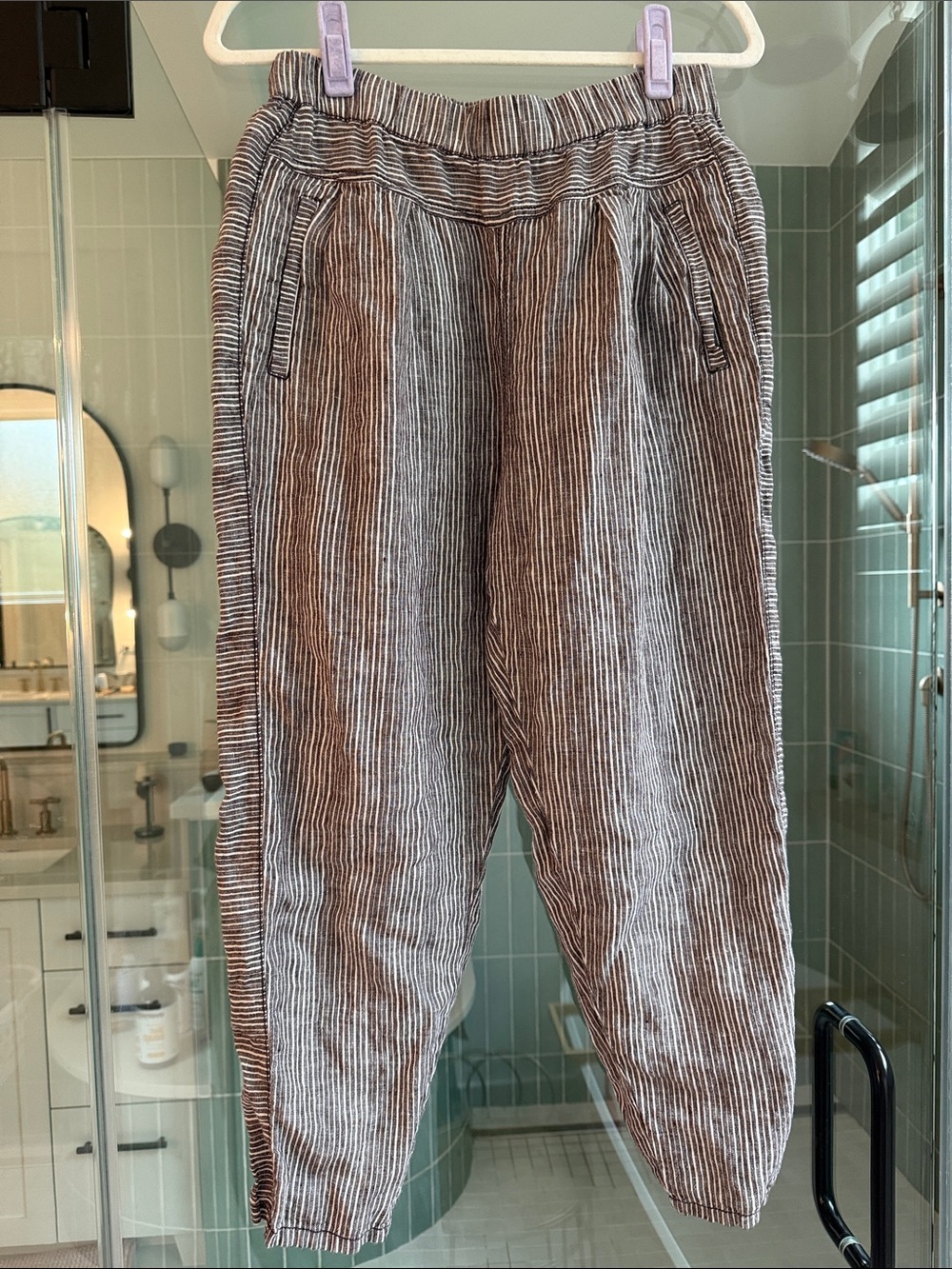 Anthropologie Hei Hei Brown and White Striped Linen Cropped Pants